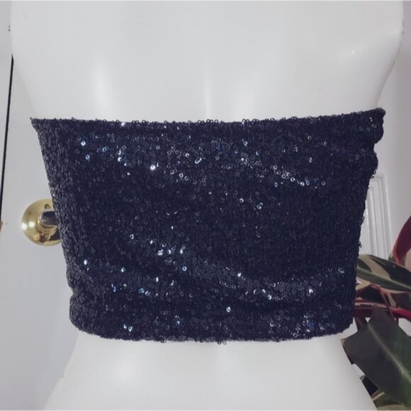 Vintage Sequin Indigo Blue Stretch Sequin Tube Top - Picture 7 of 10